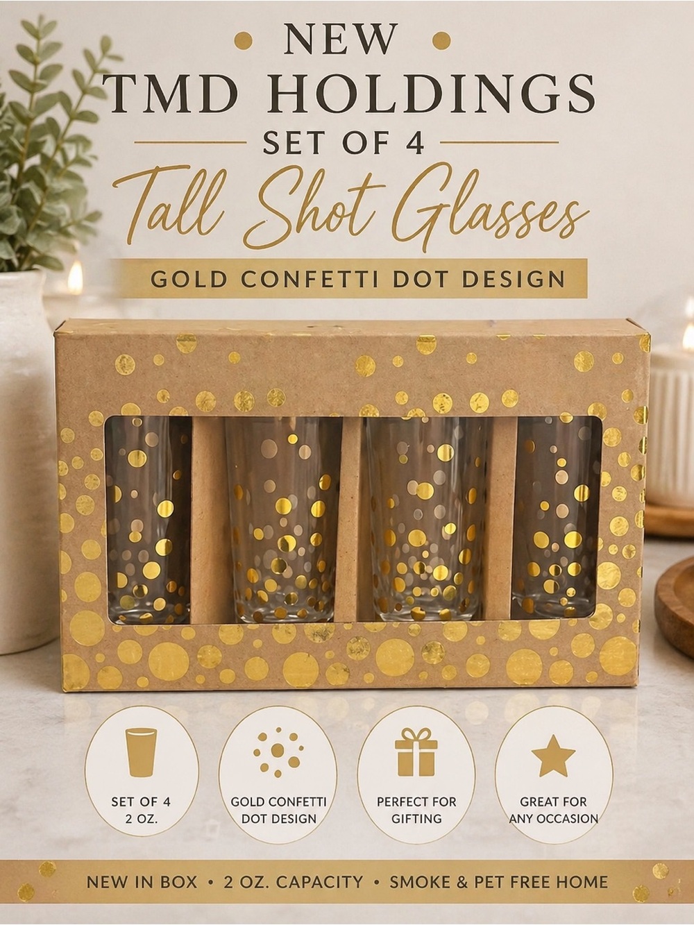 NEW‎ TMD Holdings Set of 4 Tall Shot Glasses - Gold Confetti Dot Design